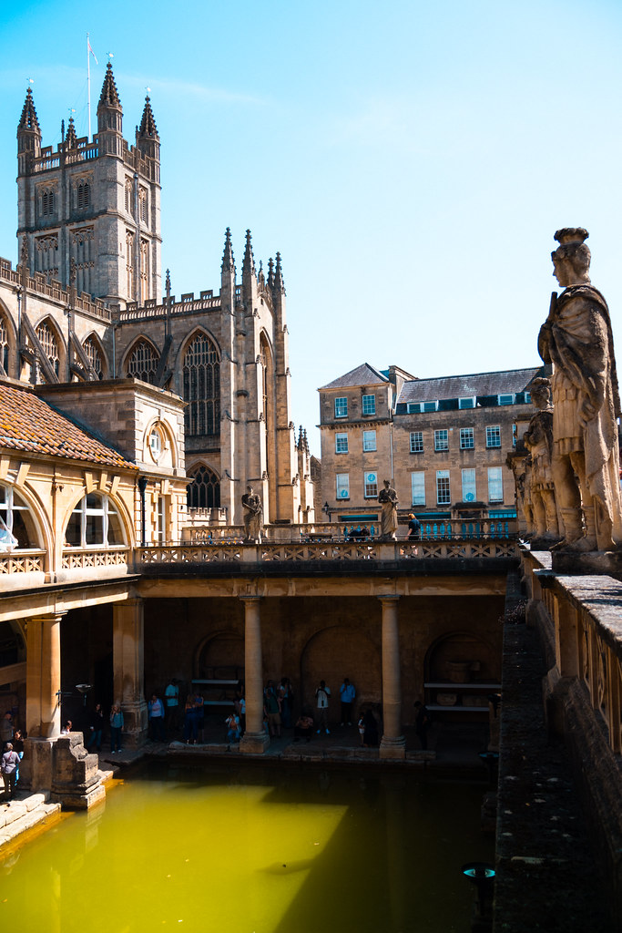 Roman Baths with Bath Abbey rising behind the historic bathing complex