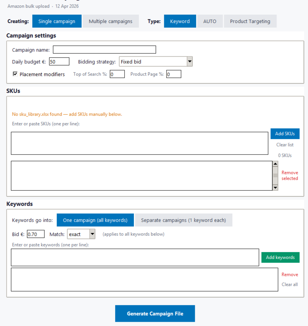Amazon Campaign Builder interface with campaign settings, SKU inputs and keyword controls