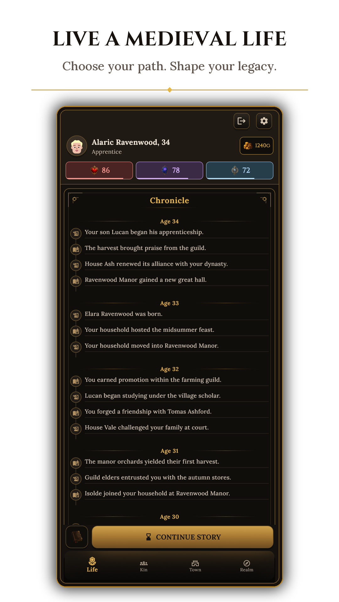 Kin Dynasty medieval life Chronicle showing a character's life story, created by Mohammed Reshi