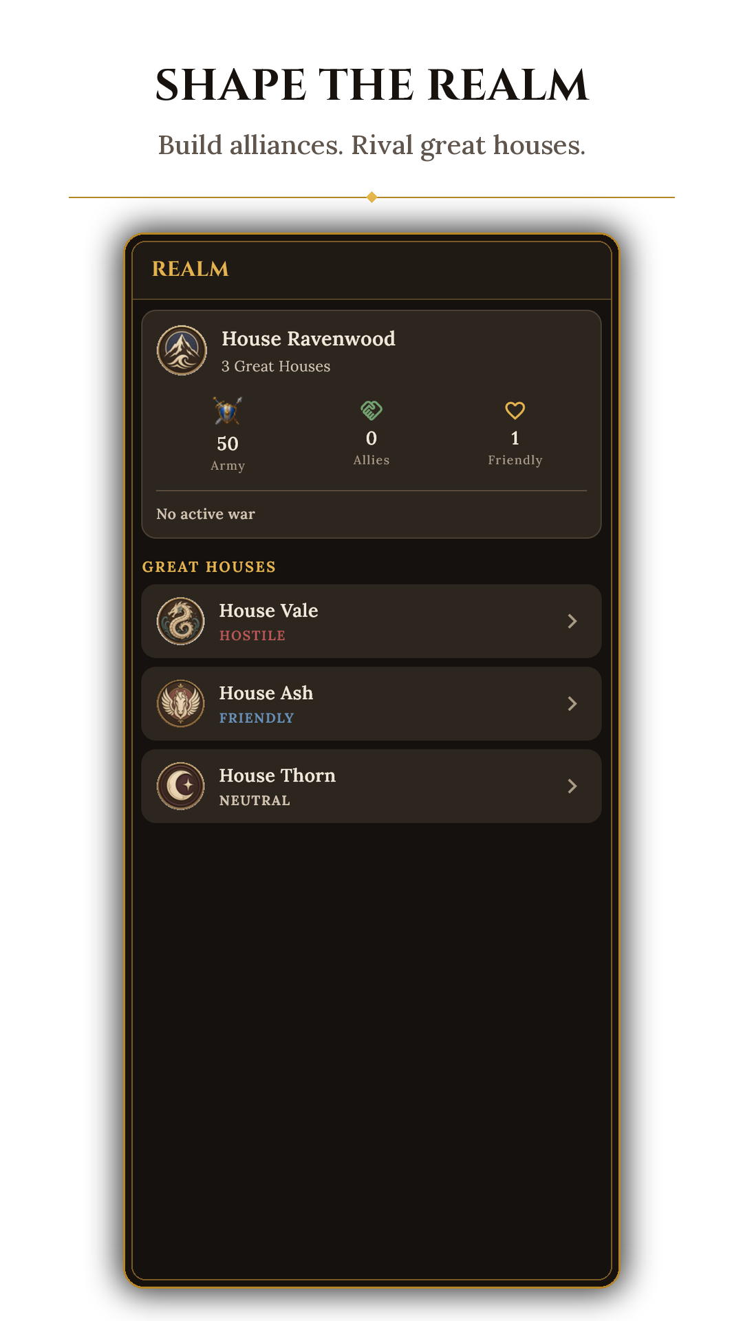 Kin Dynasty medieval realm view showing the player's house and relationships with rival houses, created by Mohammed Reshi