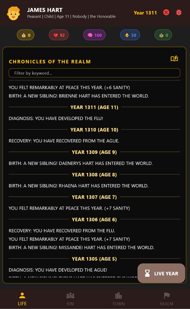 Kin life simulation: chronicles and character UI