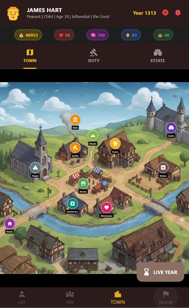 Kin game screen: town map with locations and bottom navigation