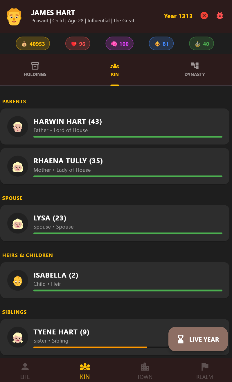 Kin Kin tab: family tree style list with parents, spouse, children, and siblings