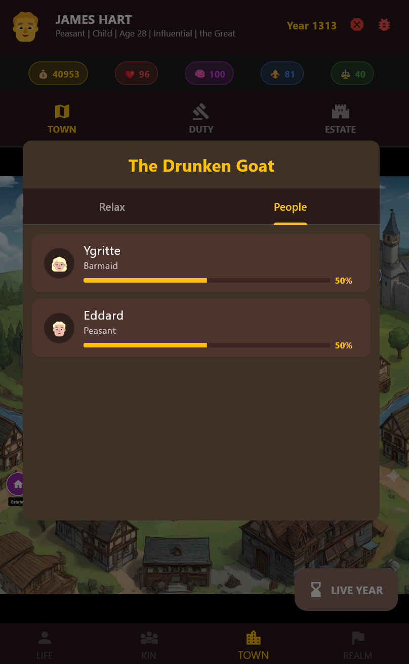 Kin town location: tavern pop-up The Drunken Goat with people present on the map