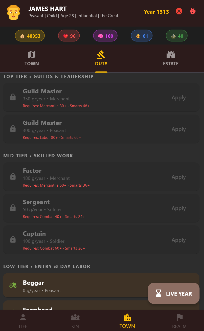 Kin Duty tab: job tiers from entry labor to guild leadership with requirements