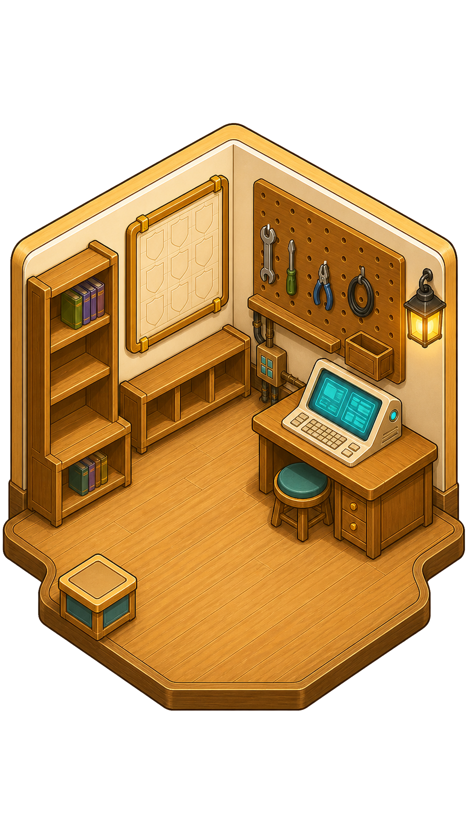 PromptQuest home hub isometric workshop with Sparky